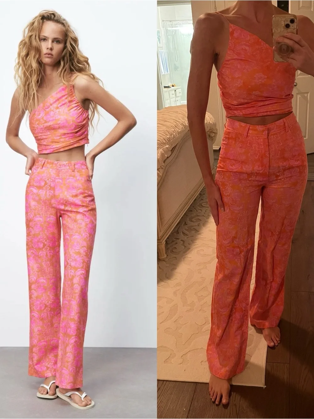 ZARA Floral Two Piece Set Size XS Orange and Pink